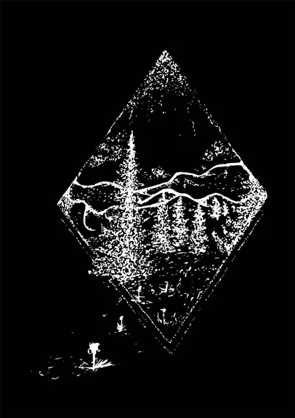 Schwarz-Weiß-Abbildung der Landschaft, eingeschrieben in eine Raute — Stockvektor
