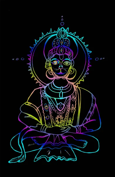 Illustration colorée de la divinité indienne Hanuman. De la craie sur un tableau. Craie sur un tableau noir — Image vectorielle