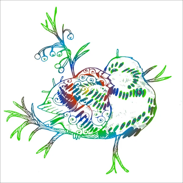 Illustration de deux oiseaux sur une branche. Dessin coloré . — Image vectorielle