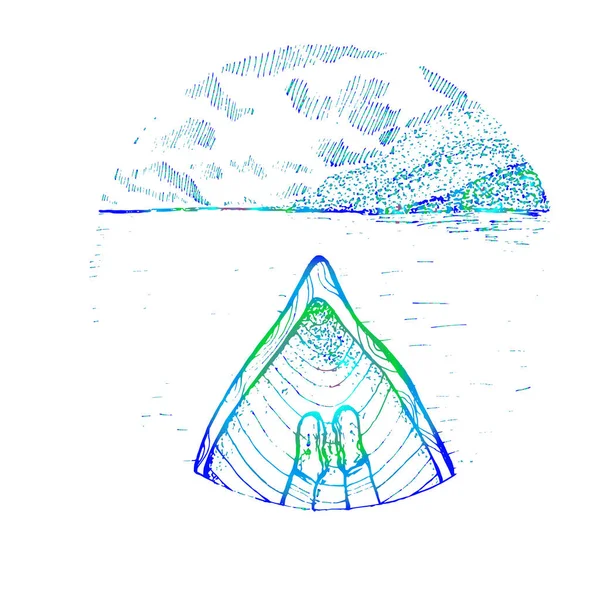 Иллюстрация лодки с ногами путешественника. Горы и тучи на горизонте . — стоковый вектор