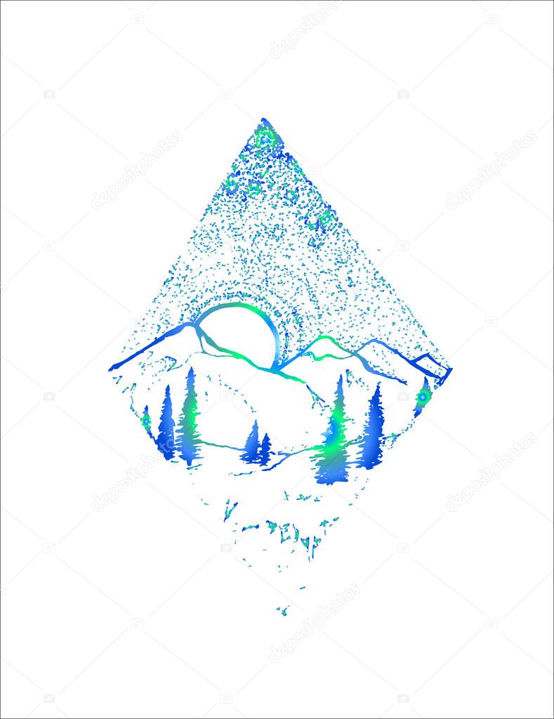 Color illustration of mountains, trees, sunset or sunrise in a rhombus