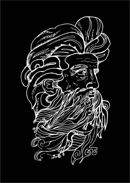 Fekete-fehér illusztráció egy mans fej-val egy szakáll és ágak. — Stock Vector