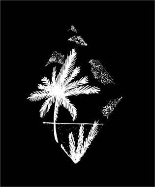 Bir eşkenar dörtgen içinde palmiye, deniz ve bulutların resmi.