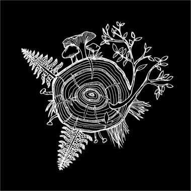 Orman setinin siyah beyaz çizimi. Eğreltiotu, ağaç, mantar, ot.