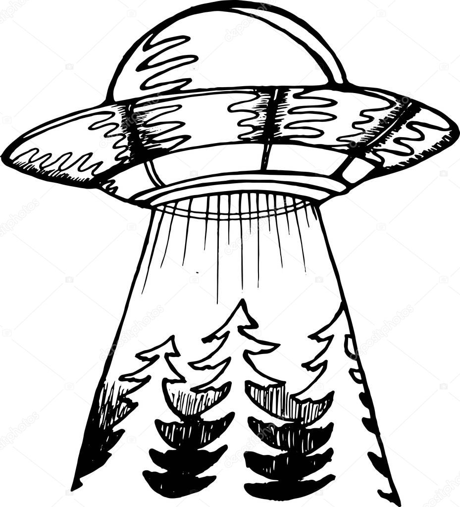 Illustration of a spaceship. Alien ship and forest. Idea for tattoo.
