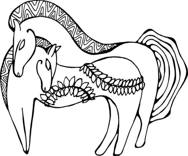Иллюстрация двух лошадей с папоротниками в скифском стиле . — стоковый вектор