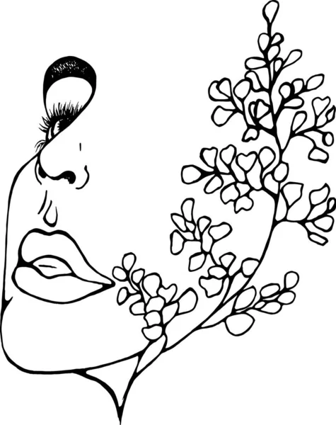Illustration d'un profil d'une fille avec double exposition, ginkgo biloba comme une extension de son visage. L'abstraction . — Image vectorielle