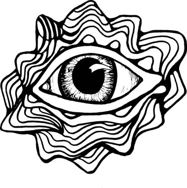 Etrafında dağları süsleyen bir göz ve süs olan bir resim..