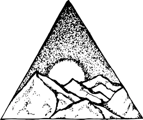 Illustration av berg, måne och stjärnhimmel inskriven i en triangel. Idén om en tatuering. Stockvektor
