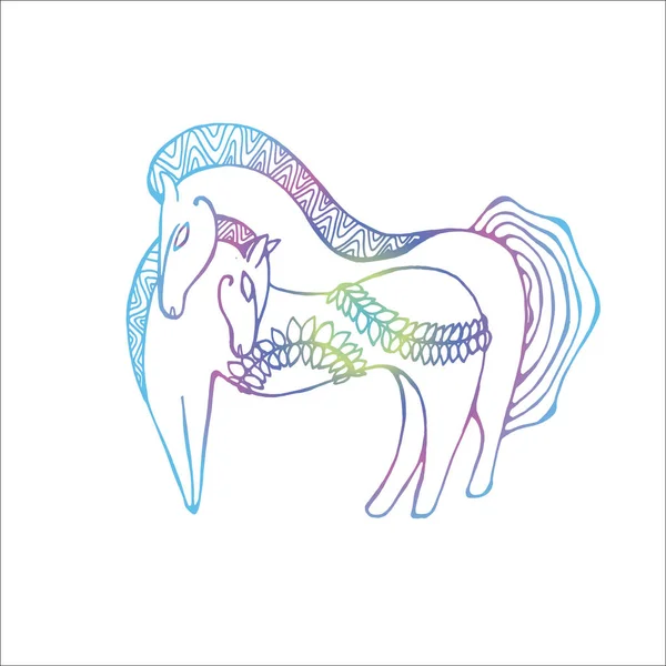 Ilustración de neón de dos caballos con ramas de helecho en estilo escita. — Vector de stock