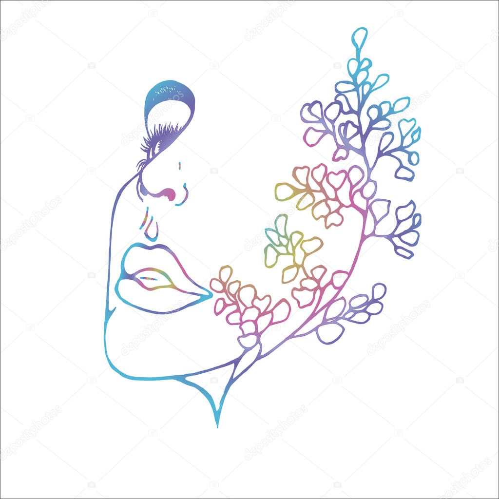 Color illustration of a profile of a girl with double exposure, ginkgo biloba as an extension of her face. Abstraction.