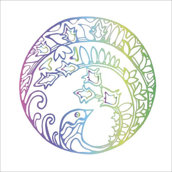 Ilustración a color de un pájaro inscrito en un círculo en estilo vintage. Motivos de aves y plantas. La idea de un tatuaje . — Vector de stock