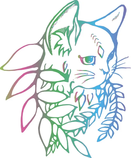 Neon illustration of a gradient cat in profile with a third eye. Cat and plant. The idea for a tattoo. — Archivo Imágenes Vectoriales