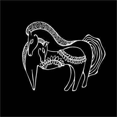 Tahtadaki tebeşir. Scythian tarzında eğreltiotu dalları olan iki atın resmi.