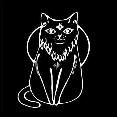 Alnında bir yıldız ve arka planında ay olan sakince oturan bir kedi tasviri. Tahtadaki tebeşir.