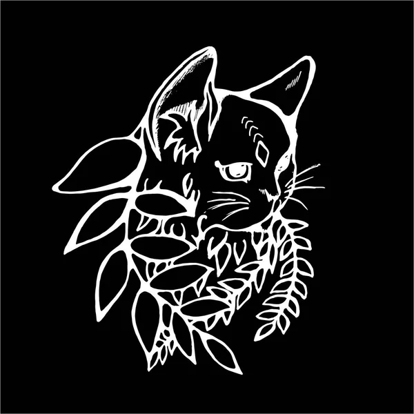 Ilustração de um gato no perfil com um terceiro olho. Gato e planta. A ideia de uma tatuagem. Giz em um quadro negro . — Vetor de Stock