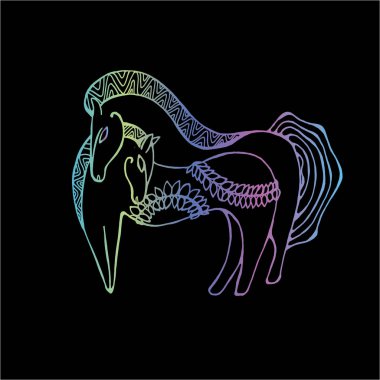 Scythian tarzında eğreltiotu dalları olan iki atın renkli çizimi.