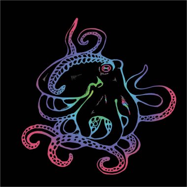 Dövme şeklinde algler olan bir ahtapotun renkli çizimi.