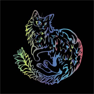 Yan yatmış neon bir kedi tasviri neşeli bir ruh hali içinde rahatlamış.