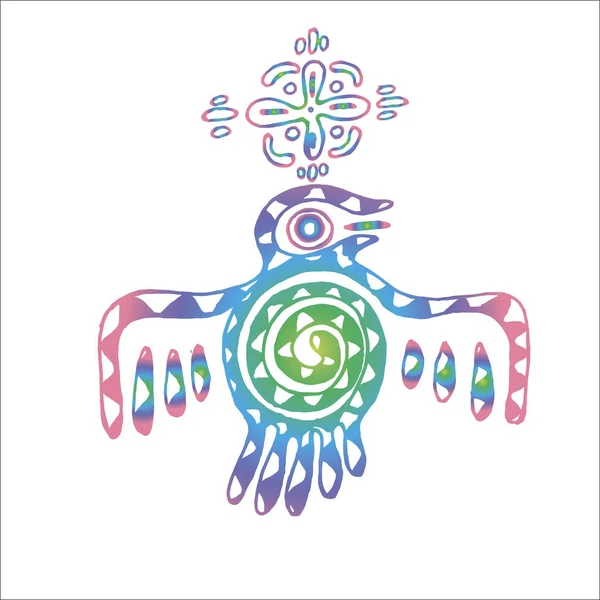 Um pássaro de estilo tribal. Ilustração neon cor com ornamento e mandala. A ideia de uma tatuagem . — Vetor de Stock