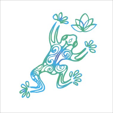 Color illustration of a frog in a jump in ornamental style.