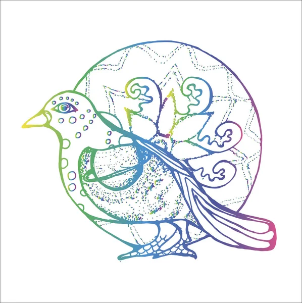 Кольорова градієнтна ілюстрація птаха в профілі з тлом з орнаменту у вигляді зірок з тлом з орнаментальної мандали . — стоковий вектор