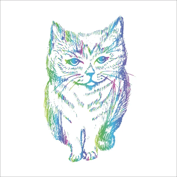 Neon illustration of a cat in a hatching style. Cute cat. — Stockvector