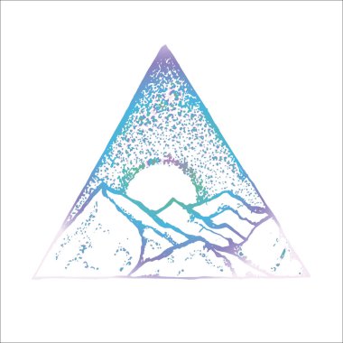 Bir üçgene kazınmış dağların, ayın ve yıldızlı gökyüzünün neon çizimi. Dövme fikri..