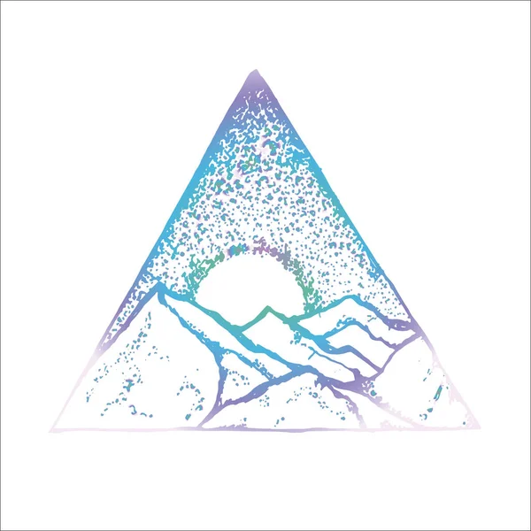 Neon Illustration von Bergen, Mond und Sternenhimmel in einem Dreieck eingeschrieben. Die Idee für ein Tätowieren. — Stockvektor