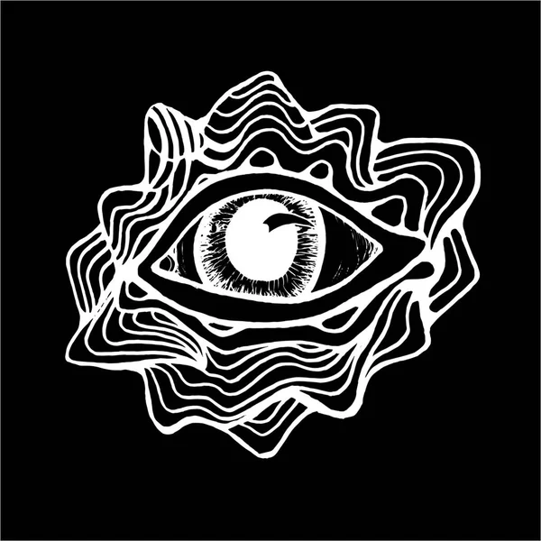 Black and white drawing of the eye, inscribed in a circle of pattern and mountains. Good idea for a tattoo. — Stock Vector