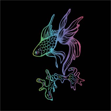 Bir horoz ve deniz dalgası balığı şeklinde renk çizimi.