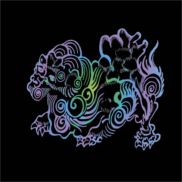 컬러 네온 매핑 (Color neon): chinese qilin. 중국 유니콘 사자. — 스톡 벡터