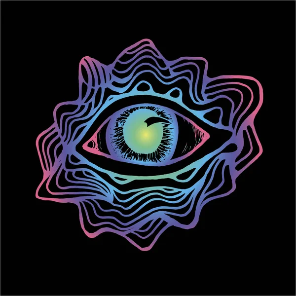 Färg neon ritning av ögat, inskrivet i en cirkel av mönster och berg. Bra idé för en tatuering. Royaltyfria Stockvektorer