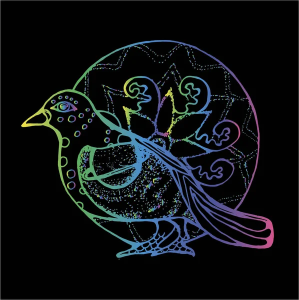 Süslü bir mandalanın arka planına sahip bir kuşun renkli neon çizimi. Kanattaki Satürn gezegeni. — Stok Vektör
