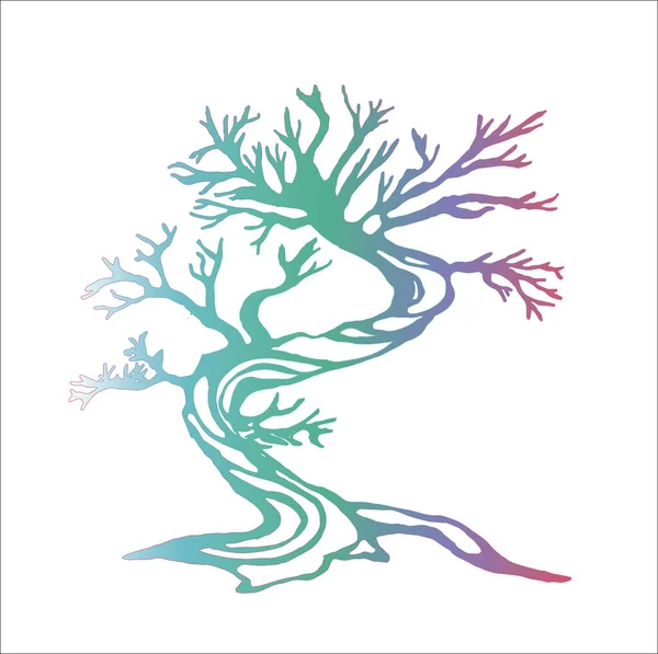 Illustration au néon d'un arbre courant avec un ornement en spirale. Les racines des pieds. — Image vectorielle