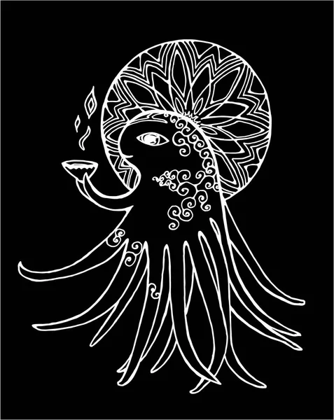 黑色和白色的图片一个神奇的章鱼与碗。黑板上的粉笔. — 图库矢量图片