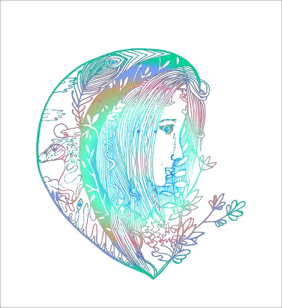 Image colorée avec fille stylisée avec ornement et motifs végétaux . — Image vectorielle