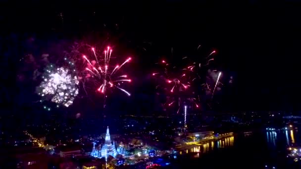 Aerial View Wat Arun Night Time New Year Celebration Bangkok — Stock Video