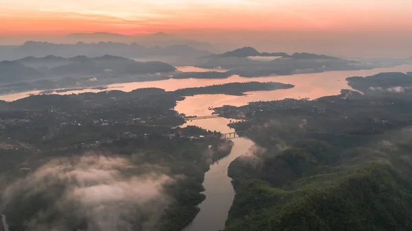 Flygfoto Över Mon Bridge Vid Sangkhlaburi Kanchanaburi Thailand — Stockfoto