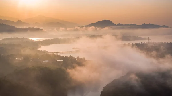 Flygfoto Över Mon Bridge Vid Sangkhlaburi Kanchanaburi Thailand — Stockfoto