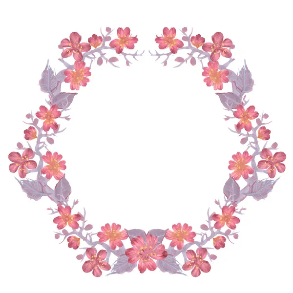 Watercolor Oriental Cherry Wreath — Stock Photo, Image