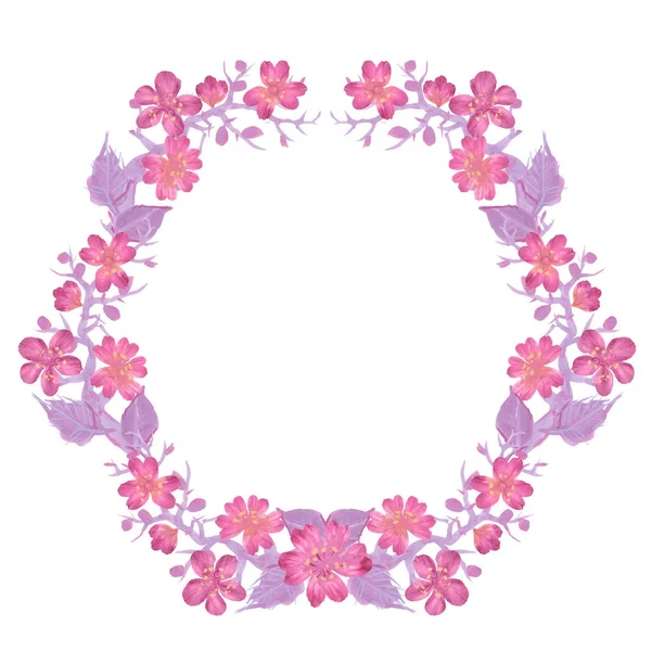 Watercolor Oriental Cherry Wreath — Stock Photo, Image