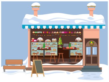 Yeni yıl ve Noel için bol şekerleme ve şekerlemeli şenlikli bir kafe. Mimarinin teması üzerine vektör illüstrasyonu.