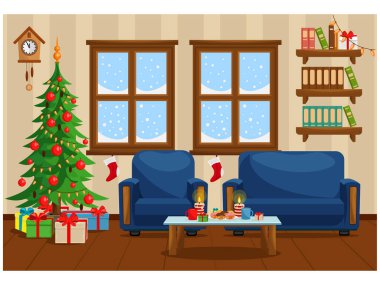 Vektör çizim Noel Noel ağacı, hediyeler, kanepe, Masa davranır ve karla kaplı pencere ile yatak odası.