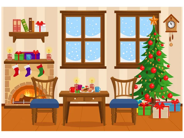 Noel ağacı, hediyeler, ikram masası ve karla kaplı pencereli Noel salonunun vektör çizimi.