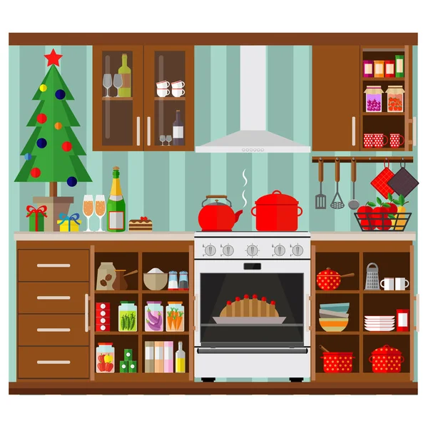 Interno della cucina natalizia, cucina cibo delizioso per festeggiare il Natale e il nuovo anno. Vacanze invernali, illustrazione vettoriale . — Vettoriale Stock