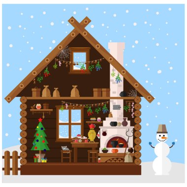 Rus sobası olan bir Rus köy evi, yeni yıl ve Noel için hazırlandı. Geleneksel çiftlik mutfağı.