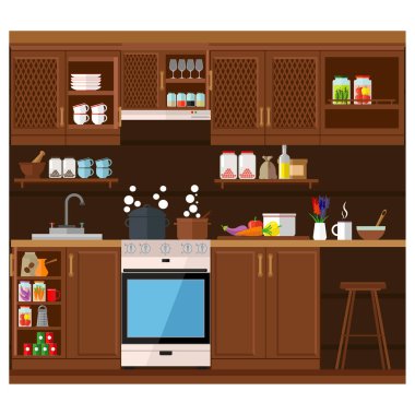 Mutfak mobilya bir dizi. Bir soba, dolap ve mutfak eşyaları ile Oda rahat iç. Düz stil vektör çizim.