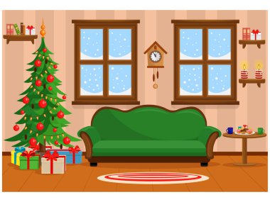 Vektör çizim Noel Noel ağacı, hediyeler, kanepe, Masa davranır ve karla kaplı pencere ile yatak odası.