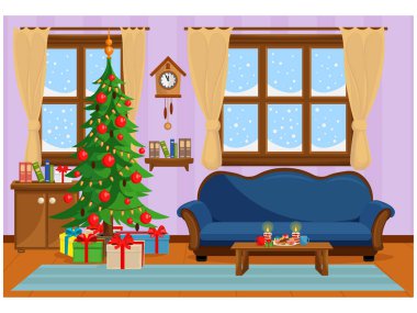 Vektör çizim Noel Noel ağacı, hediyeler, kanepe, Masa davranır ve karla kaplı pencere ile yatak odası.